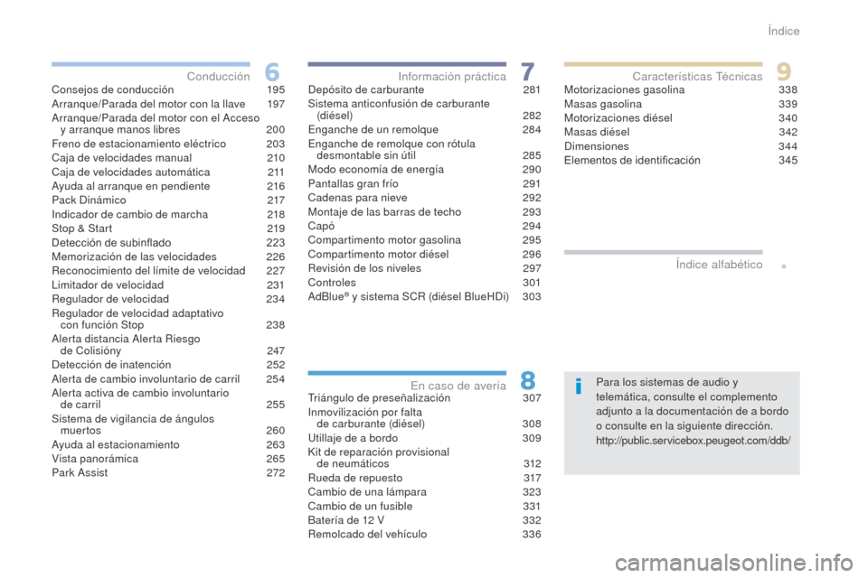 Peugeot 3008 Hybrid 4 2017 Manual del propietario (in Spanish) .
3008-2_es_Chap00a_sommaire_ed01-2016
Para los sistemas de audio y
telemática, consulte el complemento
adjunto a la documentación de a bordo
o consulte en la siguiente dirección.
http://public. Peugeot 3008 Hybrid 4 2017 Manual del propietario (in Spanish) .
3008-2_es_Chap00a_sommaire_ed01-2016
Para los sistemas de audio y
telemática, consulte el complemento
adjunto a la documentación de a bordo
o consulte en la siguiente dirección.
http://public.