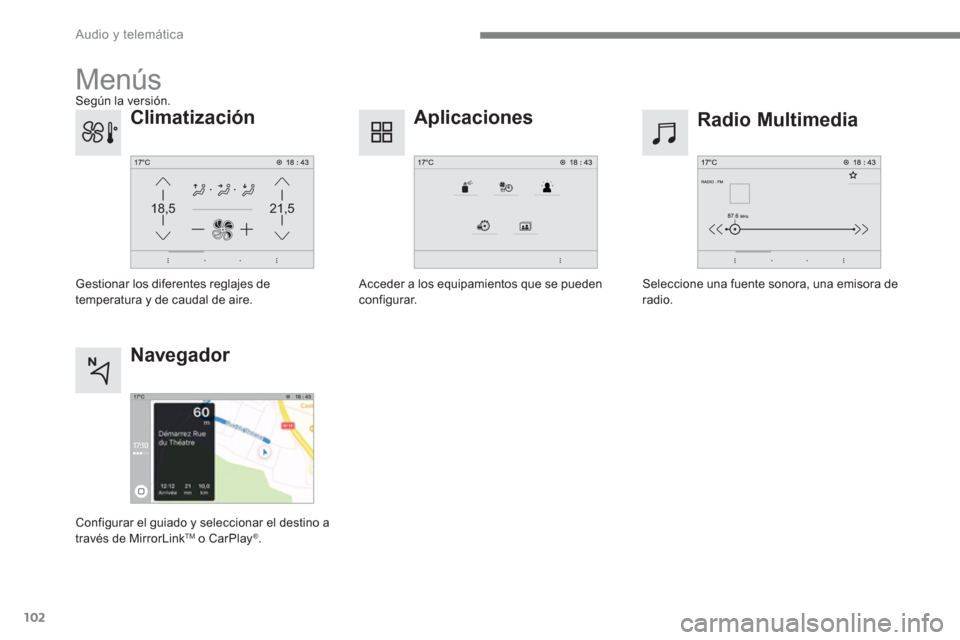 Peugeot 3008 Hybrid 4 2017  Manual del propietario (in Spanish) 102
21,518,5
  Audio y telemática 
 
Menús 
 
 
Radio Multimedia     
Aplicaciones 
 
 
Seleccione una fuente sonora, una emisora de 
radio.  
     
Acceder a los equipamientos que se pueden 
config