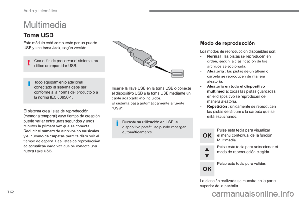 Peugeot 3008 Hybrid 4 2017 Manual del propietario (in Spanish) 162
Audio y telemática
Multimedia
To m a U S B
Este módulo está compuesto por un puerto
USB y una toma Jack, según versión.
Inserte la llave USB en la toma USB Peugeot 3008 Hybrid 4 2017 Manual del propietario (in Spanish) 162
Audio y telemática
Multimedia
To m a U S B
Este módulo está compuesto por un puerto
USB y una toma Jack, según versión.
Inserte la llave USB en la toma USB