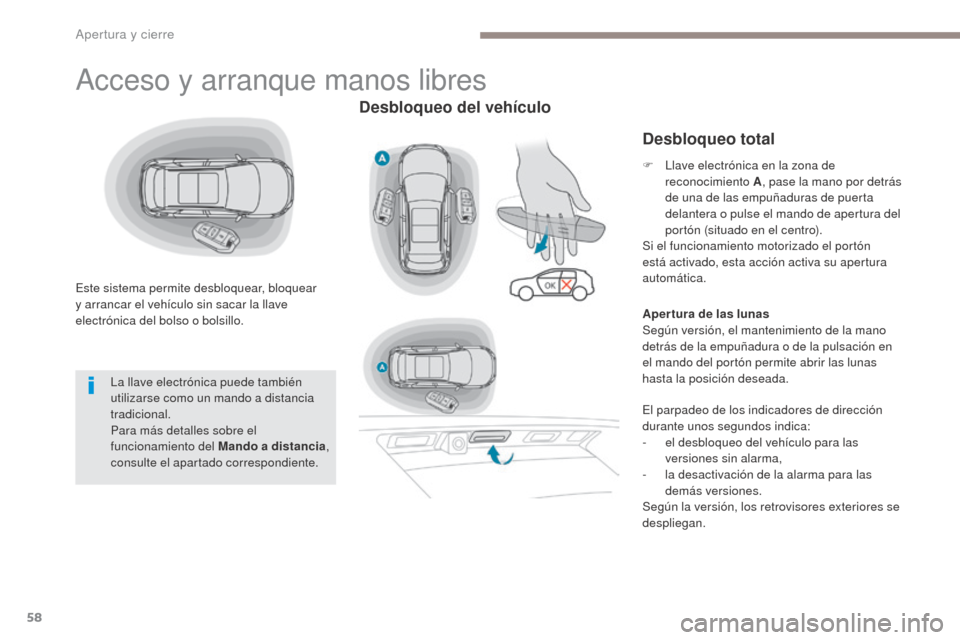 Peugeot 3008 Hybrid 4 2017  Manual del propietario (in Spanish) 58
3008-2_es_Chap02_ouvertures_ed01-2016
Acceso y arranque manos libres
Este sistema permite desbloquear, bloquear 
y arrancar el vehículo sin sacar la llave 
electrónica del bolso o bolsillo.
Desbl