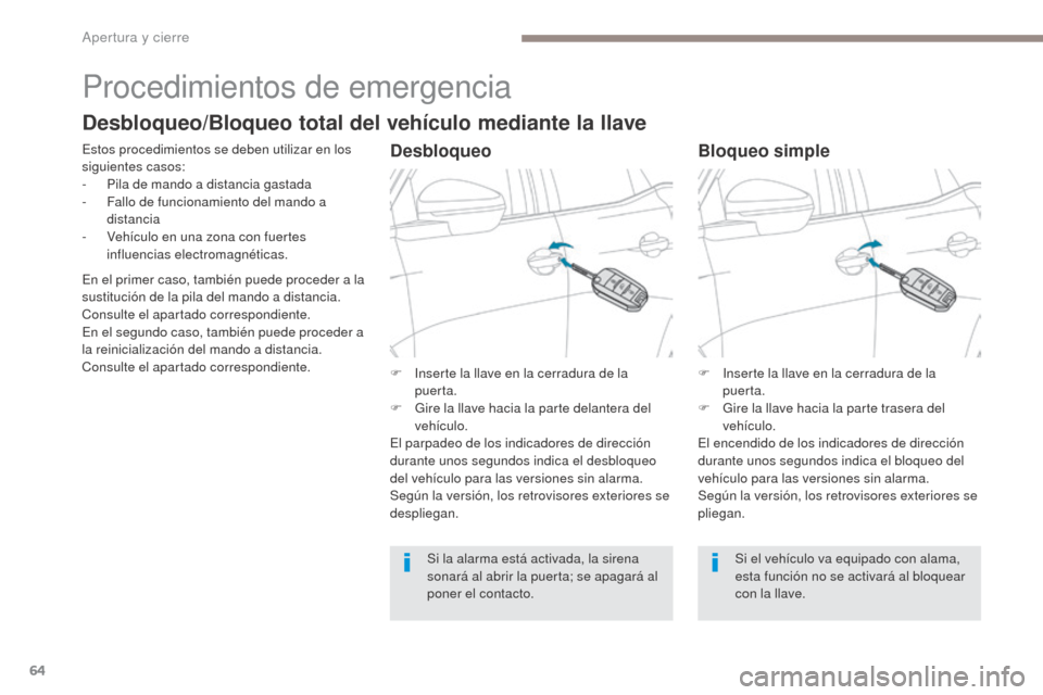 Peugeot 3008 Hybrid 4 2017  Manual del propietario (in Spanish) 64
3008-2_es_Chap02_ouvertures_ed01-2016
Procedimientos de emergencia
Estos procedimientos se deben utilizar en los 
siguientes casos:
- 
P
 ila de mando a distancia gastada
-
 
F
 allo de funcionamie