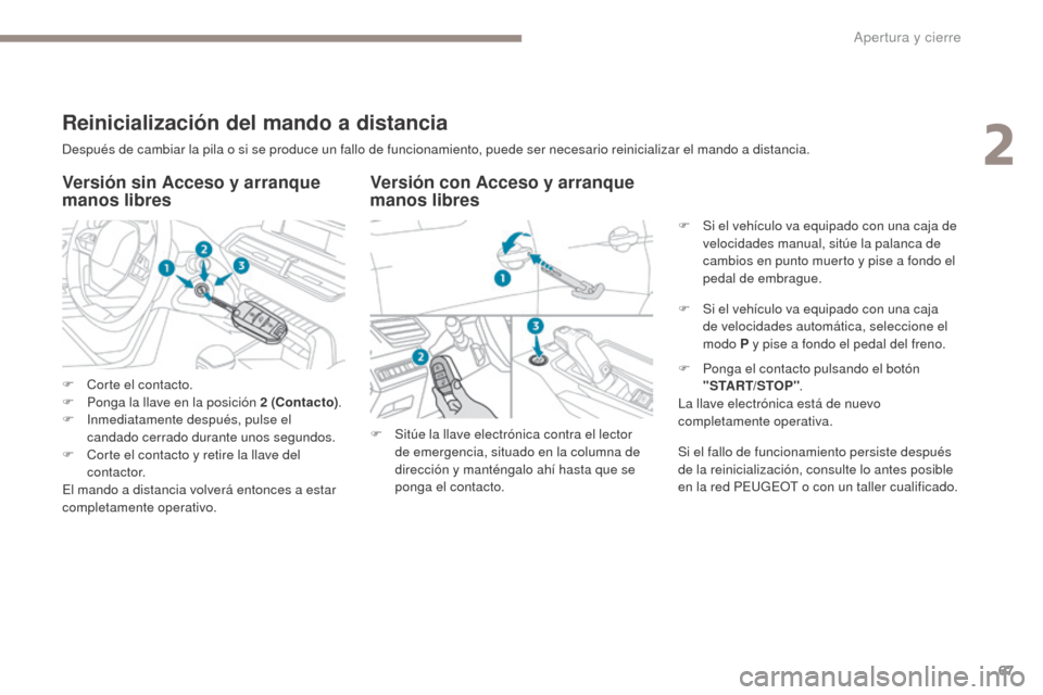 Peugeot 3008 Hybrid 4 2017  Manual del propietario (in Spanish) 67
3008-2_es_Chap02_ouvertures_ed01-2016
Después de cambiar la pila o si se produce un fallo de funcionamiento, puede ser necesario reinicializar el mando a distancia.
Versión con Acceso y arranque 