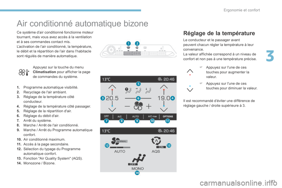 Peugeot 3008 Hybrid 4 2017 Manuel du propriétaire (in French) 111
Air conditionné automatique bizone
1. Programme automatique visibilité.
2. Recyclage de lair ambiant.
3. Réglage de la température côté
c o n d u c t e u r.
4. Réglage de la tempé Peugeot 3008 Hybrid 4 2017 Manuel du propriétaire (in French) 111
Air conditionné automatique bizone
1. Programme automatique visibilité.
2. Recyclage de lair ambiant.
3. Réglage de la température côté
c o n d u c t e u r.
4. Réglage de la tempé