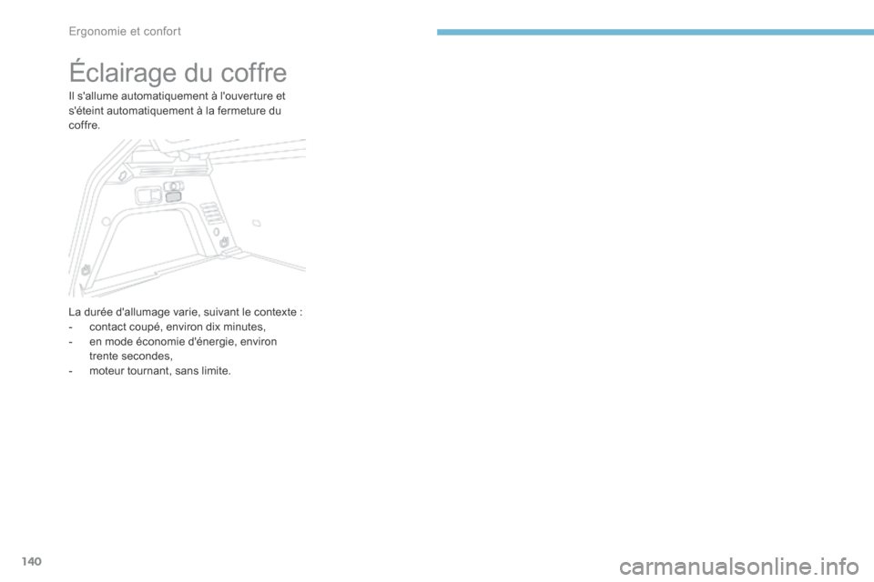 Peugeot 3008 Hybrid 4 2017  Manuel du propriétaire (in French) 140
Éclairage du coffre
Il sallume automatiquement à louverture et 
séteint automatiquement à la fermeture du 
coffre.
La durée dallumage varie, suivant le contexte :
- contact coupé, enviro