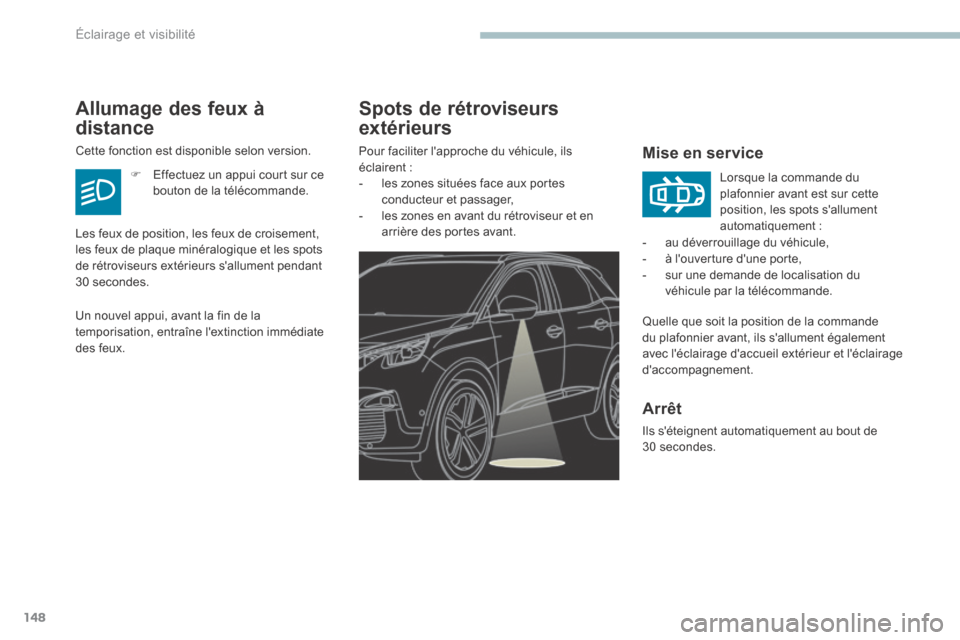Peugeot 3008 Hybrid 4 2017  Manuel du propriétaire (in French) 148
Spots de rétroviseurs 
extérieurs
Mise en service
Quelle que soit la position de la commande 
du plafonnier avant, ils sallument également 
avec léclairage daccueil extérieur et léclaira