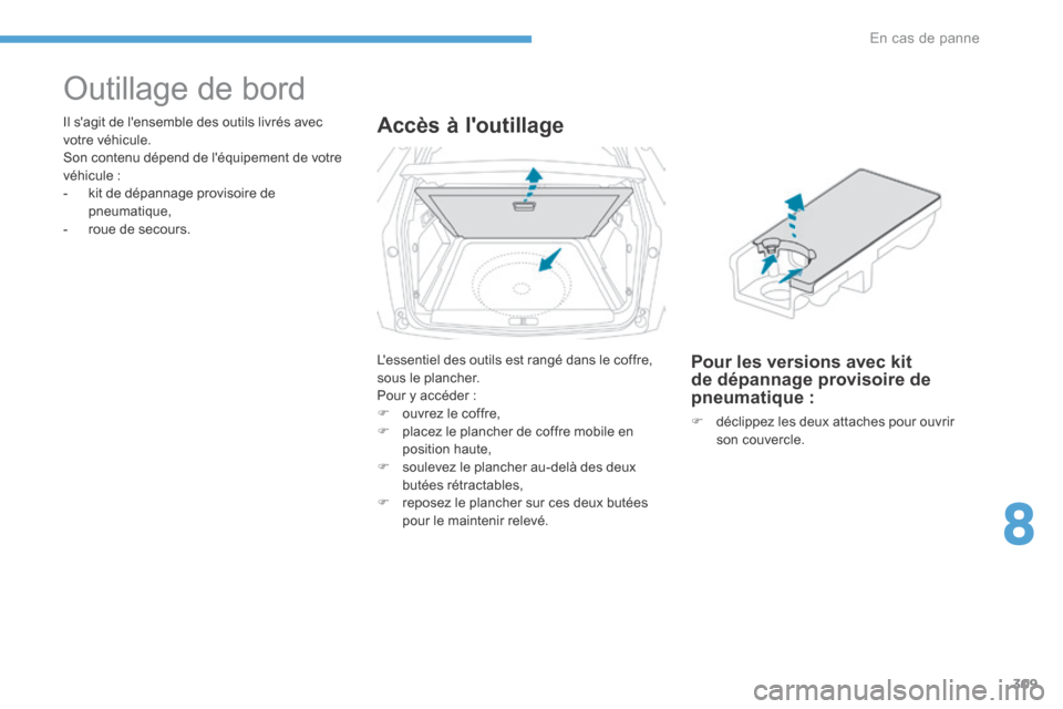 Peugeot 3008 Hybrid 4 2017 Manuel du propriétaire (in French) 309
Outillage de bord
Il sagit de lensemble des outils livrés avec
votre véhicule.
Son contenu dépend de léquipement de votre
véhicule :
- kit de dépannage provisoire de
pneumatique,
- ro Peugeot 3008 Hybrid 4 2017 Manuel du propriétaire (in French) 309
Outillage de bord
Il sagit de lensemble des outils livrés avec
votre véhicule.
Son contenu dépend de léquipement de votre
véhicule :
- kit de dépannage provisoire de
pneumatique,
- ro