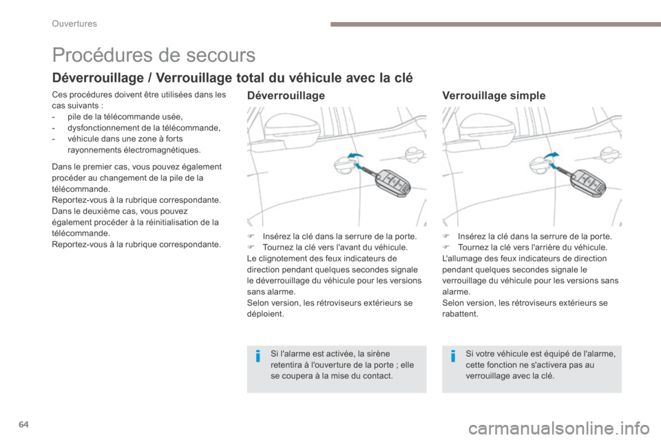 Peugeot 3008 Hybrid 4 2017 Manuel du propriétaire (in French) 64
Procédures de secours
Ces procédures doivent être utilisées dans les
cas suivants :
- pile de la télécommande usée,
- dysfonctionnement de la télécommande,
- véhicule dans une zone à Peugeot 3008 Hybrid 4 2017 Manuel du propriétaire (in French) 64
Procédures de secours
Ces procédures doivent être utilisées dans les
cas suivants :
- pile de la télécommande usée,
- dysfonctionnement de la télécommande,
- véhicule dans une zone à