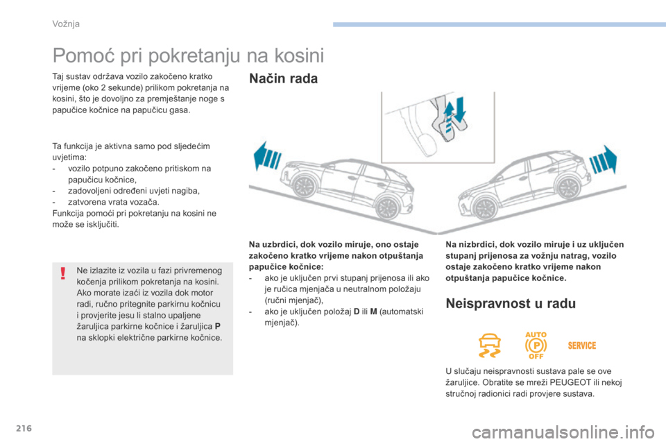 Peugeot 3008 Hybrid 4 2017 Vodič za korisnike (in Croatian) 216
3008-2_hr_Chap06_conduite_ed01-2016
Pomoć pri pokretanju na kosini
Na uzbrdici, dok vozilo miruje, ono ostaje
zakočeno kratko vrijeme nakon otpuštanja
papučice kočnice:
-
a
ko je uključe Peugeot 3008 Hybrid 4 2017 Vodič za korisnike (in Croatian) 216
3008-2_hr_Chap06_conduite_ed01-2016
Pomoć pri pokretanju na kosini
Na uzbrdici, dok vozilo miruje, ono ostaje
zakočeno kratko vrijeme nakon otpuštanja
papučice kočnice:
-
a
ko je uključe