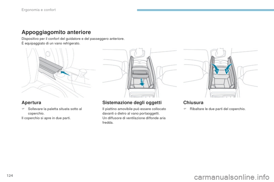 Peugeot 3008 Hybrid 4 2017 Manuale del proprietario (in Italian) 124
3008-2_it_Chap03_ergonomie-et-confort_ed01-2016
Appoggiagomito anteriore
Dispositivo per il confort del guidatore e del passeggero anteriore.
È equipaggiato di un vano refrigerato.
Apertura
F Sol Peugeot 3008 Hybrid 4 2017 Manuale del proprietario (in Italian) 124
3008-2_it_Chap03_ergonomie-et-confort_ed01-2016
Appoggiagomito anteriore
Dispositivo per il confort del guidatore e del passeggero anteriore.
È equipaggiato di un vano refrigerato.
Apertura
F Sol