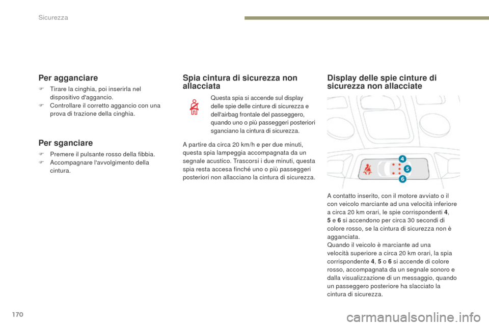Peugeot 3008 Hybrid 4 2017 Manuale del proprietario (in Italian) 170
3008-2_it_Chap05_securite_ed01-2016
Per agganciare
F tirare la cinghia, poi inserirla nel dispositivo daggancio.
F
C
ontrollare il corretto aggancio con una
prova di trazione della cinghia.
Peugeot 3008 Hybrid 4 2017 Manuale del proprietario (in Italian) 170
3008-2_it_Chap05_securite_ed01-2016
Per agganciare
F tirare la cinghia, poi inserirla nel dispositivo daggancio.
F
C
ontrollare il corretto aggancio con una
prova di trazione della cinghia.