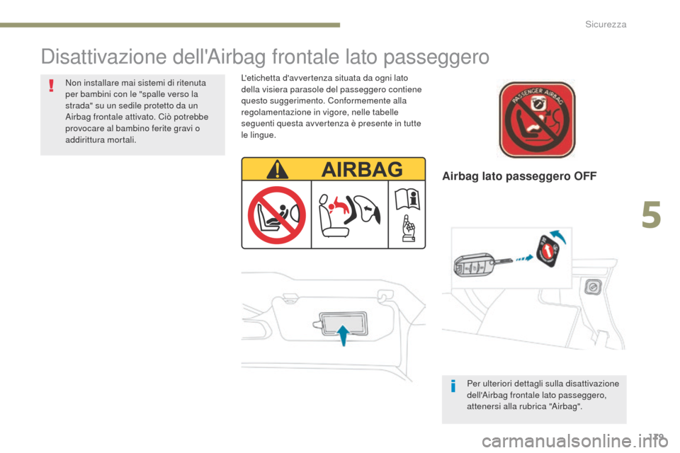 Peugeot 3008 Hybrid 4 2017 Manuale del proprietario (in Italian) 179
3008-2_it_Chap05_securite_ed01-2016
Airbag lato passeggero OFF
Disattivazione dellAirbag frontale lato passeggero
Letichetta davvertenza situata da ogni lato
della visiera parasole del passegg Peugeot 3008 Hybrid 4 2017 Manuale del proprietario (in Italian) 179
3008-2_it_Chap05_securite_ed01-2016
Airbag lato passeggero OFF
Disattivazione dellAirbag frontale lato passeggero
Letichetta davvertenza situata da ogni lato
della visiera parasole del passegg