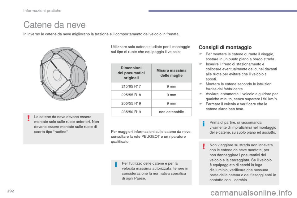 Peugeot 3008 Hybrid 4 2017 Manuale del proprietario (in Italian) 292
3008-2_it_Chap07_infos-pratiques_ed01-2016
Catene da neve
In inverno le catene da neve migliorano la trazione e il comportamento del veicolo in frenata.
Consigli di montaggio
F Per montare le cate Peugeot 3008 Hybrid 4 2017 Manuale del proprietario (in Italian) 292
3008-2_it_Chap07_infos-pratiques_ed01-2016
Catene da neve
In inverno le catene da neve migliorano la trazione e il comportamento del veicolo in frenata.
Consigli di montaggio
F Per montare le cate