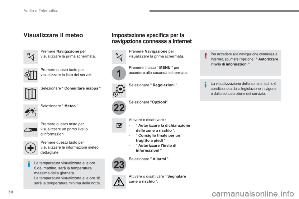 Peugeot 3008 Hybrid 4 2017 Manuale del proprietario (in Italian) 38
22
23
1
Audio e Telematica
Impostazione specifica per la
navigazione connessa a Internet
Per accedere alla navigazione connessa a
Internet, spuntare l’opzione : " Autorizzare
lin Peugeot 3008 Hybrid 4 2017 Manuale del proprietario (in Italian) 38
22
23
1
Audio e Telematica
Impostazione specifica per la
navigazione connessa a Internet
Per accedere alla navigazione connessa a
Internet, spuntare l’opzione : " Autorizzare
lin