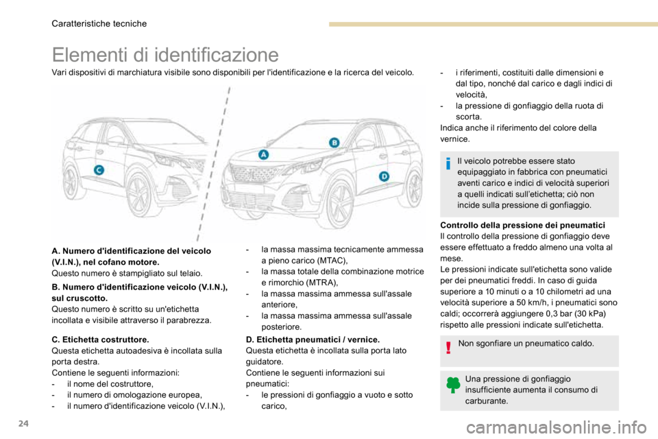 Peugeot 3008 Hybrid 4 2017  Manuale del proprietario (in Italian) 24
Elementi di identificazione
Vari dispositivi di marchiatura visibile sono disponibili per lidentificazione e la ricerca del veicolo.
A. Numero didentificazione del veicolo 
(V.I.N.), nel cofano m