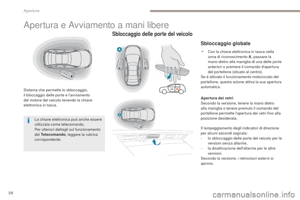 Peugeot 3008 Hybrid 4 2017 Manuale del proprietario (in Italian) 58
3008-2_it_Chap02_ouvertures_ed01-2016
Apertura e Avviamento a mani libere
Sistema che permette lo sbloccaggio,
il bloccaggio delle porte e lavviamento
del motore del veicolo tenendo la chiave
e Peugeot 3008 Hybrid 4 2017 Manuale del proprietario (in Italian) 58
3008-2_it_Chap02_ouvertures_ed01-2016
Apertura e Avviamento a mani libere
Sistema che permette lo sbloccaggio,
il bloccaggio delle porte e lavviamento
del motore del veicolo tenendo la chiave
e
