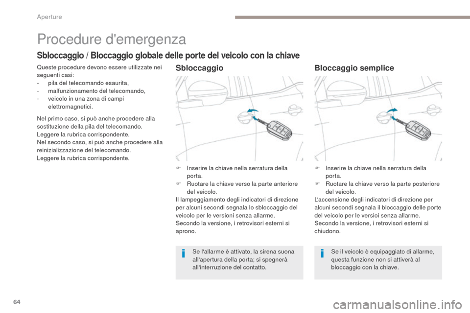Peugeot 3008 Hybrid 4 2017  Manuale del proprietario (in Italian) 64
3008-2_it_Chap02_ouvertures_ed01-2016
Procedure demergenza
Queste procedure devono essere utilizzate nei 
seguenti casi:
- 
p
 ila del telecomando esaurita,
-
 ma

lfunzionamento del telecomando,
