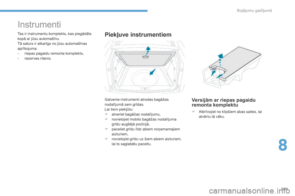 Peugeot 3008 Hybrid 4 2017 Īpašnieka rokasgrāmata (in Latvian) 309
3008-2_lv_Chap08_en cas-de-panne_ed01-2016
Instrumenti
Tas ir instrumentu komplekts, kas piegādāts
kopā ar jūsu automašīnu.
Tā saturs ir atkarīgs no jūsu automašīnas
aprīkojuma:
-
r Peugeot 3008 Hybrid 4 2017 Īpašnieka rokasgrāmata (in Latvian) 309
3008-2_lv_Chap08_en cas-de-panne_ed01-2016
Instrumenti
Tas ir instrumentu komplekts, kas piegādāts
kopā ar jūsu automašīnu.
Tā saturs ir atkarīgs no jūsu automašīnas
aprīkojuma:
-
r
