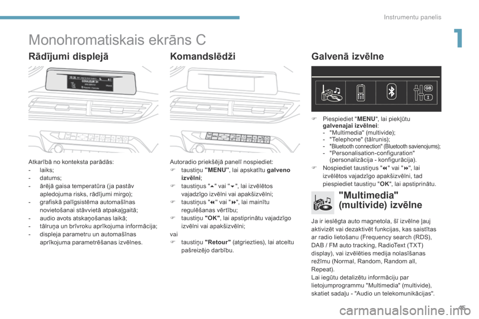 Peugeot 3008 Hybrid 4 2017  Īpašnieka rokasgrāmata (in Latvian) 45
3008-2_lv_Chap01_instruments-de-bord_ed01-2016
Monohromatiskais ekrāns C
Rādījumi displejāKomandslēdžiGalvenā izvēlne
Atkarībā no konteksta parādās:
- l
aiks;
-
 d

atums;
-
 
ā
 rēj�