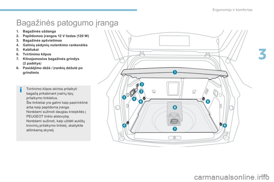 Peugeot 3008 Hybrid 4 2017  Savininko vadovas (in Lithuanian) 135
3008-2_lt_Chap03_ergonomie-et-confort_ed01-2016
Bagažinės patogumo įranga
1. Bagažinės uždanga
2. Papildomos įrangos 12 V lizdas (120 W)
3.
 Bag

ažinės apšvietimas
4.
 G

alinių sėdyn