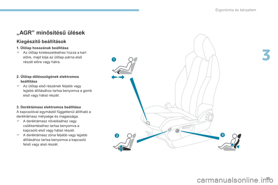 Peugeot 3008 Hybrid 4 2017 Kezelési útmutató (in Hungarian) 91
3008-2_hu_Chap03_ergonomie-et-confort_ed01-2016
„AGR” minősítésű ülések
Kiegészítő beállítások
1. Ülőlap hosszának beállítása
F A z ülőlap kireteszeléséhez húzza a kart
Peugeot 3008 Hybrid 4 2017 Kezelési útmutató (in Hungarian) 91
3008-2_hu_Chap03_ergonomie-et-confort_ed01-2016
„AGR” minősítésű ülések
Kiegészítő beállítások
1. Ülőlap hosszának beállítása
F A z ülőlap kireteszeléséhez húzza a kart