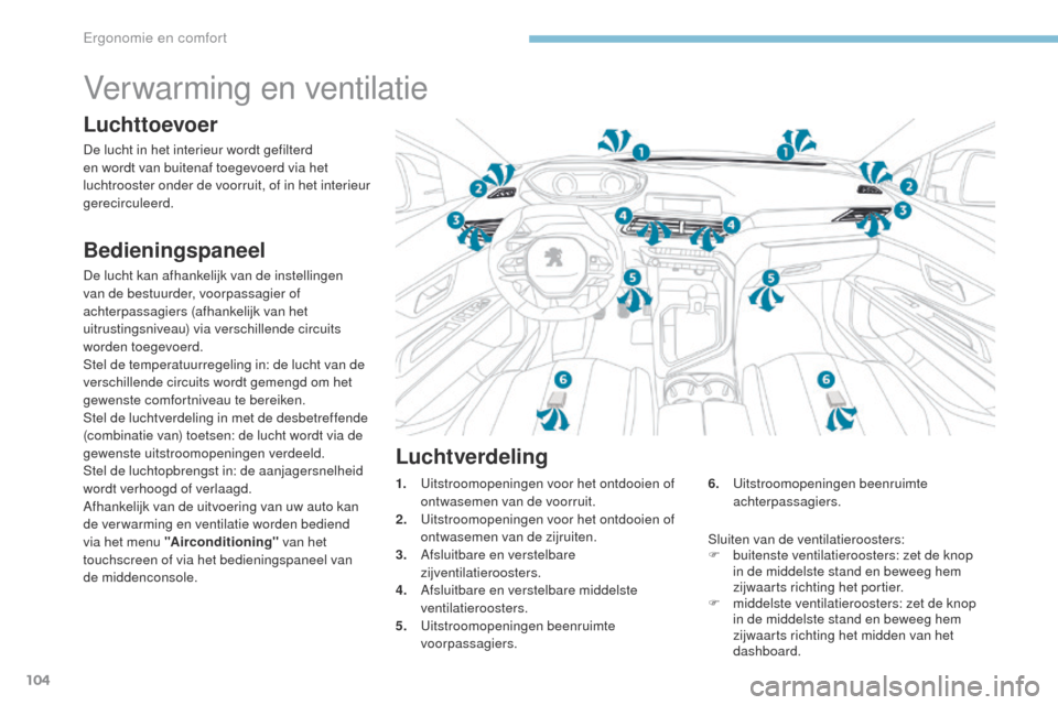Peugeot 3008 Hybrid 4 2017 Handleiding (in Dutch) 104
3008-2_nl_Chap03_ergonomie-et-confort_ed01-2016
Verwarming en ventilatie
Luchttoevoer
De lucht in het interieur wordt gefilterd
en wordt van buitenaf toegevoerd via het
luchtrooster onder de voo Peugeot 3008 Hybrid 4 2017 Handleiding (in Dutch) 104
3008-2_nl_Chap03_ergonomie-et-confort_ed01-2016
Verwarming en ventilatie
Luchttoevoer
De lucht in het interieur wordt gefilterd
en wordt van buitenaf toegevoerd via het
luchtrooster onder de voo