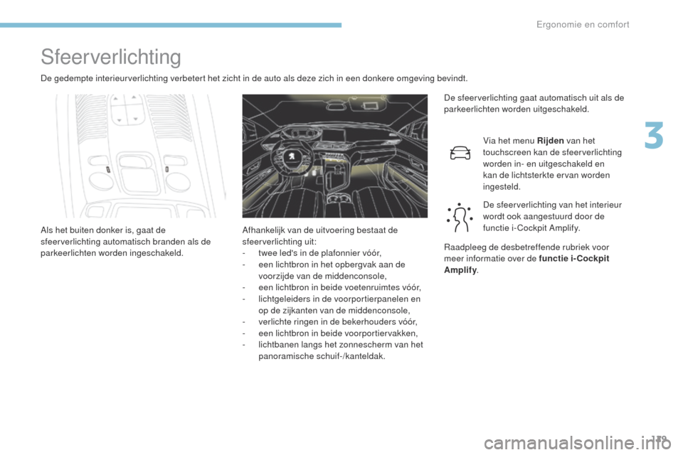 Peugeot 3008 Hybrid 4 2017  Handleiding (in Dutch) 129
3008-2_nl_Chap03_ergonomie-et-confort_ed01-2016
Sfeerverlichting
De gedempte interieurverlichting verbetert het zicht in de auto als deze zich in een donkere omgeving bevindt.De sfeerverlichting g