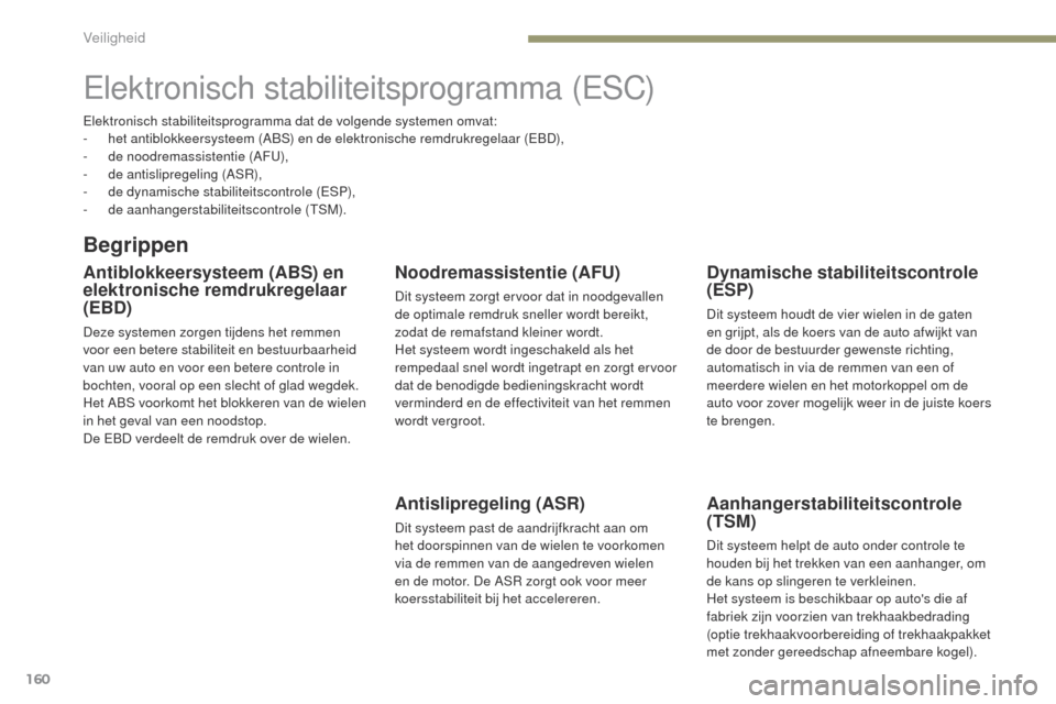 Peugeot 3008 Hybrid 4 2017 Handleiding (in Dutch) 160
3008-2_nl_Chap05_securite_ed01-2016
elektronisch stabiliteitsprogramma (eSC)
Begrippen
Antiblokkeersysteem (ABS) en
elektronische remdrukregelaar
(EBD)
Deze systemen zorgen tijdens het remmen
v Peugeot 3008 Hybrid 4 2017 Handleiding (in Dutch) 160
3008-2_nl_Chap05_securite_ed01-2016
elektronisch stabiliteitsprogramma (eSC)
Begrippen
Antiblokkeersysteem (ABS) en
elektronische remdrukregelaar
(EBD)
Deze systemen zorgen tijdens het remmen
v