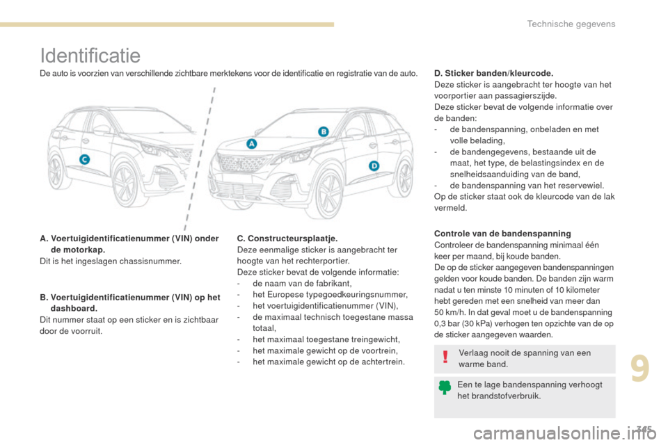 Peugeot 3008 Hybrid 4 2017  Handleiding (in Dutch) 345
3008-2_nl_Chap09_caracteristiques_ed01-2016
Identificatie
A.  Voertuigidentificatienummer (VIN) onder de motorkap.
Dit is het ingeslagen chassisnummer. D. Sticker banden/kleurcode.
Deze sticker is