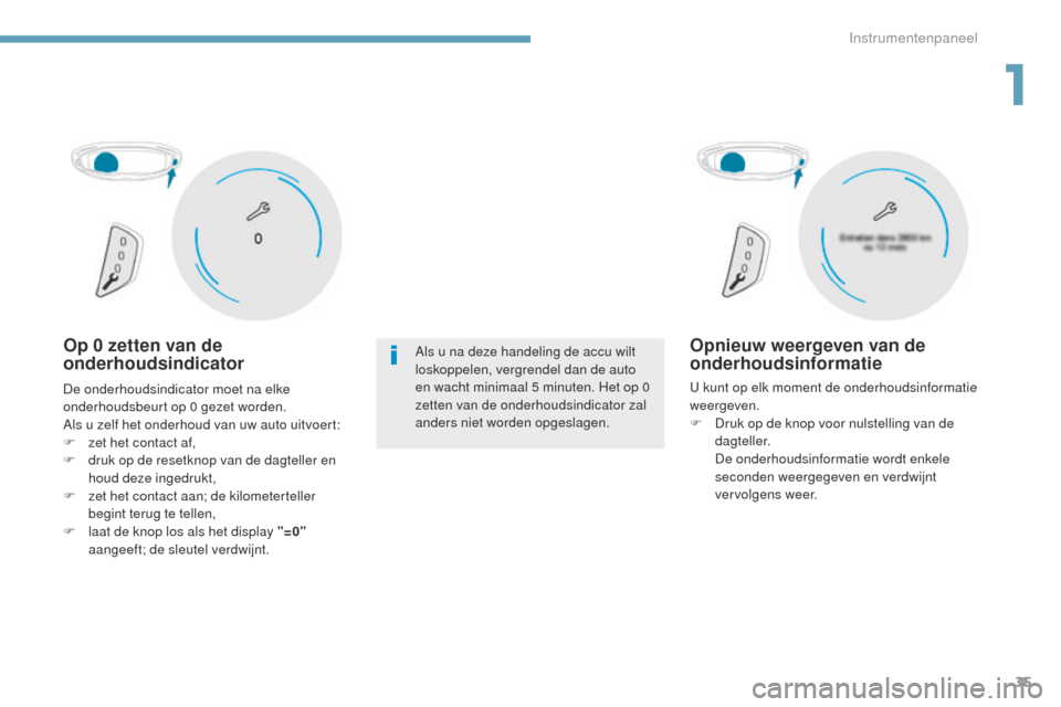 Peugeot 3008 Hybrid 4 2017  Handleiding (in Dutch) 35
3008-2_nl_Chap01_instruments-de-bord_ed01-2016
Op 0 zetten van de 
onderhoudsindicatorAls u na deze handeling de accu wilt 
loskoppelen, vergrendel dan de auto 
en wacht minimaal 5 minuten. Het op 