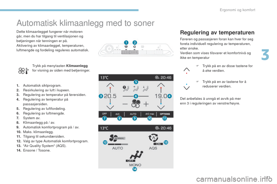 Peugeot 3008 Hybrid 4 2017  Brukerhåndbok (in Norwegian) 111
3008-2_no_Chap03_ergonomie-et-confort_ed01-2016
Automatisk klimaanlegg med to soner
1. Automatisk siktprogram.
2. Resirkulering av luft i kupeen.
3.
 R

egulering av temperatur på førersiden.
4.