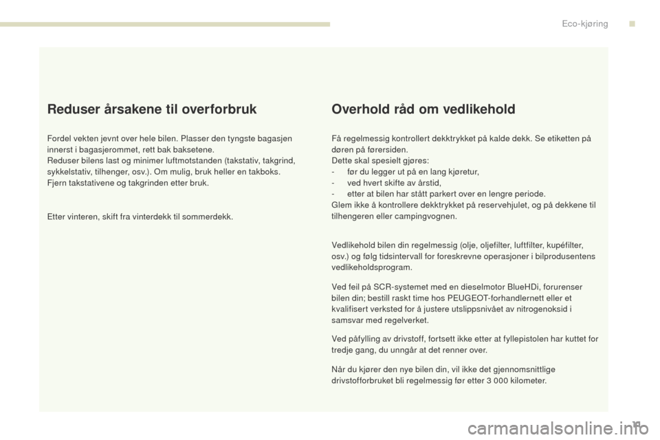 Peugeot 3008 Hybrid 4 2017  Brukerhåndbok (in Norwegian) 3008-2_no_Chap00c_eco-conduite_ed01-2016
11
Reduser årsakene til overforbruk
Fordel vekten jevnt over hele bilen. Plasser den tyngste bagasjen 
innerst i bagasjerommet, rett bak baksetene.
Reduser bi