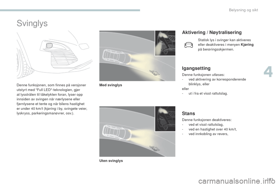 Peugeot 3008 Hybrid 4 2017  Brukerhåndbok (in Norwegian) 151
3008-2_no_Chap04_eclairage-et-visibilite_ed01-2016
Svinglys
Denne funksjonen, som finnes på versjoner 
utstyrt med "Full LeD"-teknologien, gjør 
at lysstrålen til tåkelykten foran, lyser opp 
