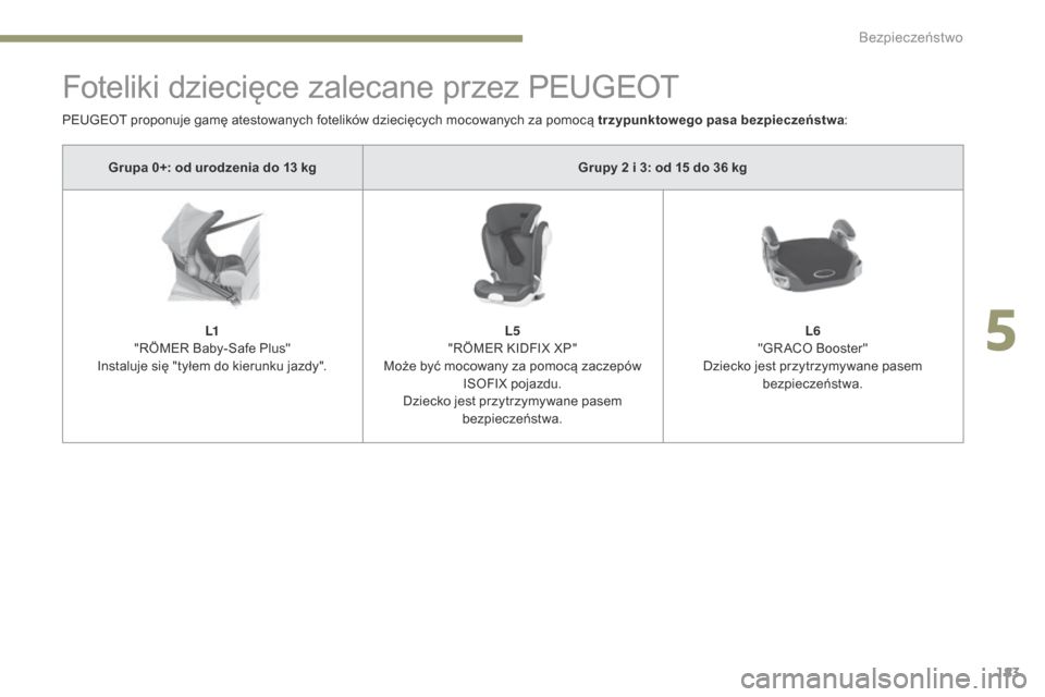 Peugeot 3008 Hybrid 4 2017 Instrukcja Obsługi (in Polish) 183
3008-2_pl_Chap05_securite_ed01-2016
Foteliki dziecięce zalecane przez PEUGEOT
Grupa 0+: od urodzenia do 13 kgGrupy 2 i 3: od 15 do 36 kg
L1
"RÖMER Baby-Safe Plus"
Instaluje się "tyłem do kieru Peugeot 3008 Hybrid 4 2017 Instrukcja Obsługi (in Polish) 183
3008-2_pl_Chap05_securite_ed01-2016
Foteliki dziecięce zalecane przez PEUGEOT
Grupa 0+: od urodzenia do 13 kgGrupy 2 i 3: od 15 do 36 kg
L1
"RÖMER Baby-Safe Plus"
Instaluje się "tyłem do kieru