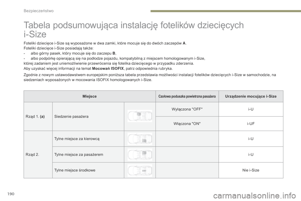 Peugeot 3008 Hybrid 4 2017 Instrukcja Obsługi (in Polish) 190
3008-2_pl_Chap05_securite_ed01-2016
Tabela podsumowująca instalację fotelików dziecięcych
i-Size
Foteliki dziecięce i-Size są wyposażone w dwa zamki, które mocuje się do dwóch zaczepó Peugeot 3008 Hybrid 4 2017 Instrukcja Obsługi (in Polish) 190
3008-2_pl_Chap05_securite_ed01-2016
Tabela podsumowująca instalację fotelików dziecięcych
i-Size
Foteliki dziecięce i-Size są wyposażone w dwa zamki, które mocuje się do dwóch zaczepó