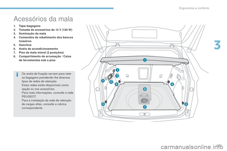 Peugeot 3008 Hybrid 4 2017  Manual do proprietário (in Portuguese) 135
3008-2_pt_Chap03_ergonomie-et-confort_ed01-2016
Acessórios da mala
1. Tapa-bagagens
2.  T omada de acessórios de 12 V (120 W)
3.
 
I
 luminação da mala
4.
 C

omandos de rebatimento dos bancos
