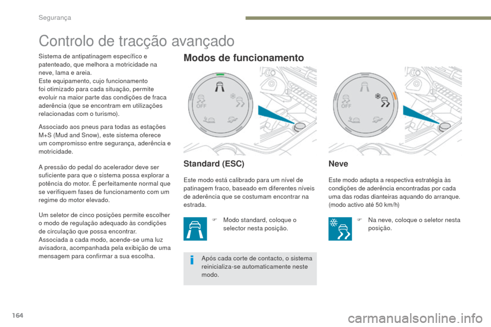 Peugeot 3008 Hybrid 4 2017  Manual do proprietário (in Portuguese) 164
3008-2_pt_Chap05_securite_ed01-2016
Controlo de tracção avançado
Standard (ESC)
F Modo standard, coloque o selector nesta posição.
Neve
Sistema de antipatinagem específico e 
patenteado, que