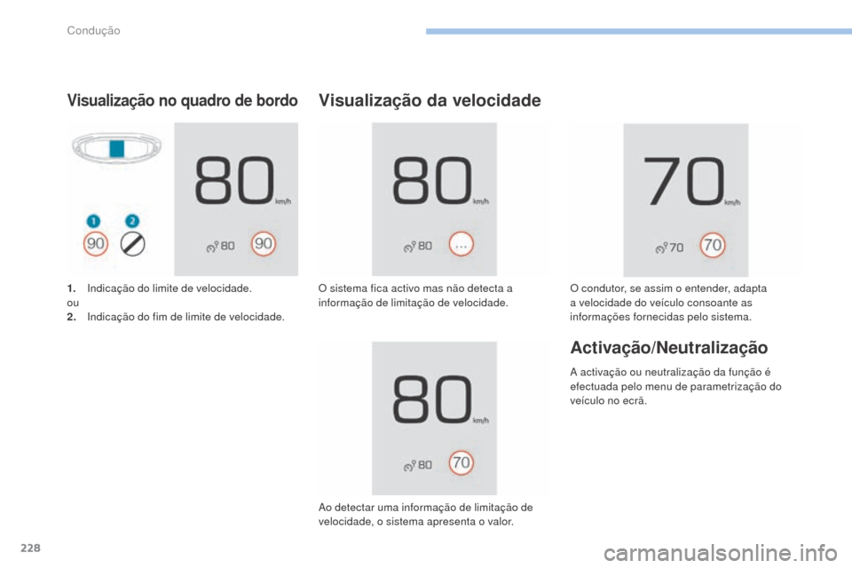 Peugeot 3008 Hybrid 4 2017  Manual do proprietário (in Portuguese) 228
3008-2_pt_Chap06_conduite_ed01-2016
Visualização no quadro de bordo
1. Indicação do limite de velocidade.
ou
2.
 I
ndicação do fim de limite de velocidade.
Visualização da velocidade
O sis