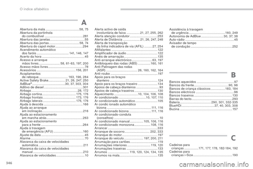 Peugeot 3008 Hybrid 4 2017 Manual do proprietário (in Portuguese) 346
3008-2_pt_Chap11_index-alpha_ed01-2016
Abertura da mala ......................................58, 75
Abertura da portinhola do combustível
........................................... 2
81
Ab Peugeot 3008 Hybrid 4 2017 Manual do proprietário (in Portuguese) 346
3008-2_pt_Chap11_index-alpha_ed01-2016
Abertura da mala ......................................58, 75
Abertura da portinhola do combustível
........................................... 2
81
Ab