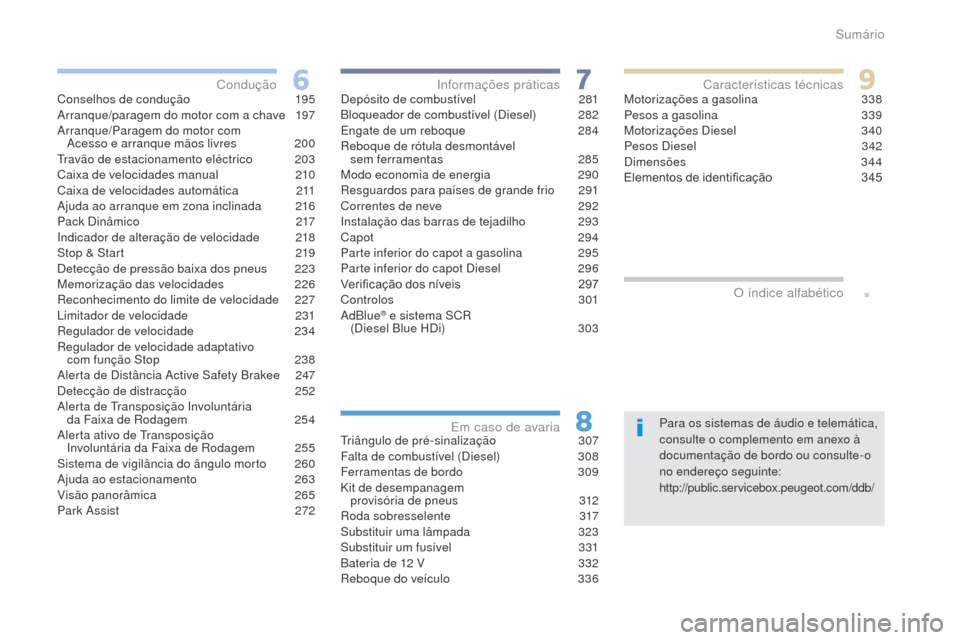 Peugeot 3008 Hybrid 4 2017  Manual do proprietário (in Portuguese) .
3008-2_pt_Chap00a_sommaire_ed01-2016
Para os sistemas de áudio e telemática, 
consulte o complemento em anexo à 
documentação de bordo ou consulte-o 
no endereço seguinte:
http://public.servic