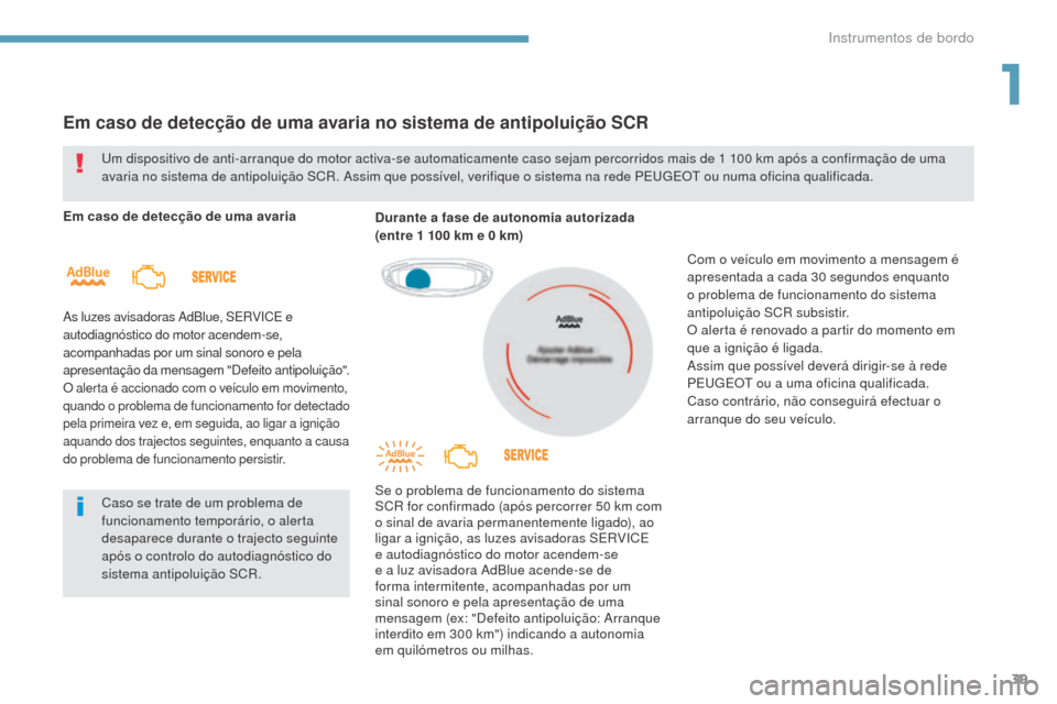 Peugeot 3008 Hybrid 4 2017  Manual do proprietário (in Portuguese) 39
3008-2_pt_Chap01_instruments-de-bord_ed01-2016
Em caso de detecção de uma avaria no sistema de antipoluição SCR
Em caso de detecção de uma avaria
As luzes avisadoras AdBlue, SERVICE e 
autodi