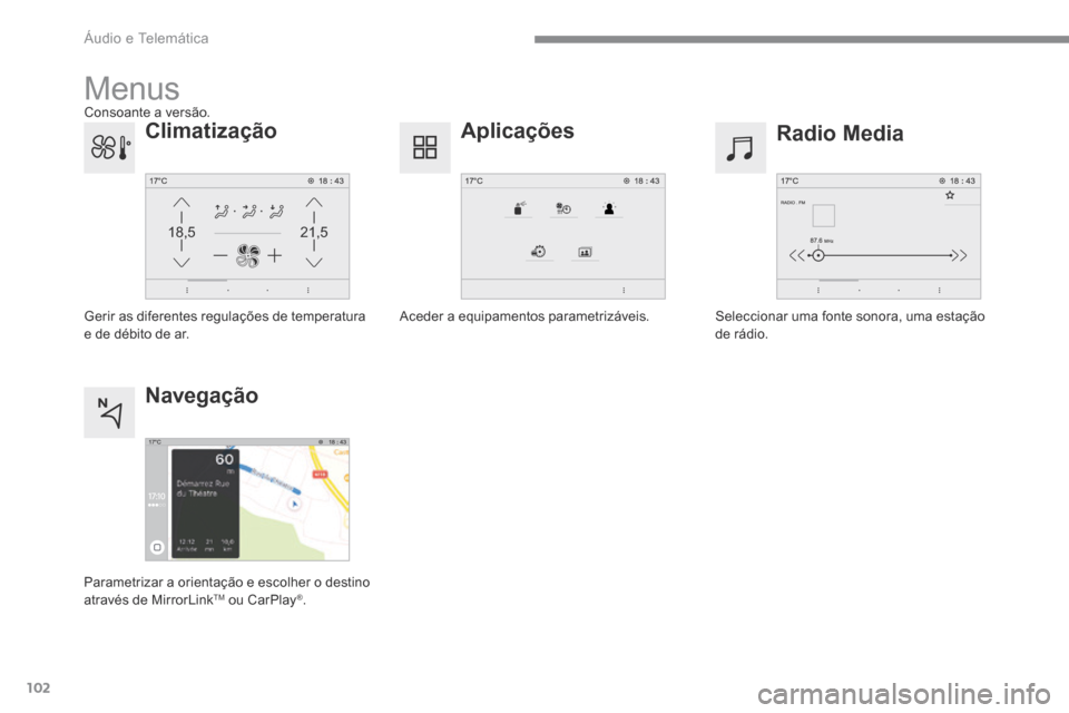Peugeot 3008 Hybrid 4 2017  Manual do proprietário (in Portuguese) 102
21,518,5
Transversal-Peugeot_pt_Chap02_RCC-2-2-0_ed01-2016
Menus
Radio Media
Aplicações
Seleccionar uma fonte sonora, uma estação 
de rádio.
Aceder a equipamentos parametrizáveis.
Climatiza�