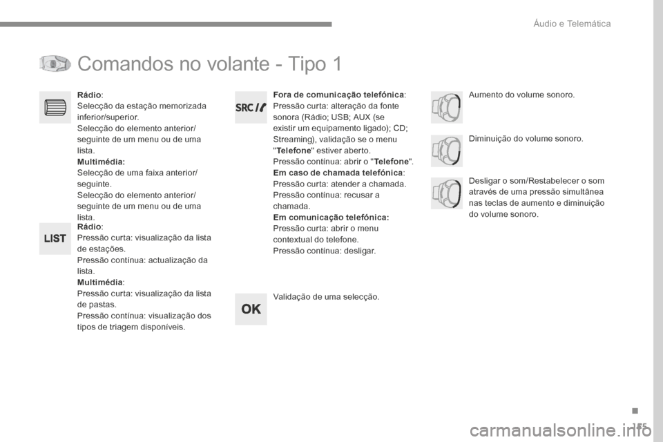 Peugeot 3008 Hybrid 4 2017  Manual do proprietário (in Portuguese) 155
Transversal-Peugeot_pt_Chap03_RD6_ed01-2016
Comandos no volante - Tipo 1
Rádio:
Pressão curta: visualização da lista 
de estações.
Pressão contínua: actualização da 
lista.
Multimédia :