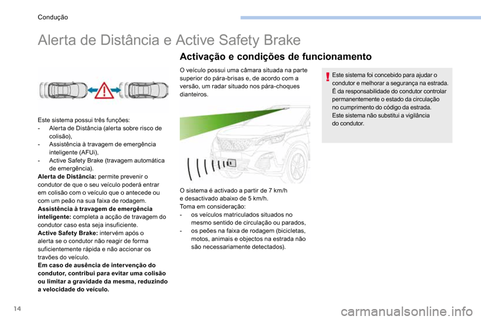 Peugeot 3008 Hybrid 4 2017  Manual do proprietário (in Portuguese) 14
Alerta de Distância e Active Safety Brake
Este sistema possui três funções:
- Alerta de Distância (alerta sobre risco de 
colisão),
-  Assistência à travagem de emergência 
inteligente (AF