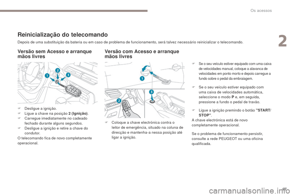 Peugeot 3008 Hybrid 4 2017  Manual do proprietário (in Portuguese) 67
3008-2_pt_Chap02_ouvertures_ed01-2016
Depois de uma substituição da bateria ou em caso de problema de funcionamento, será talvez necessário reinicializar o telecomando.
Versão com Acesso e arr