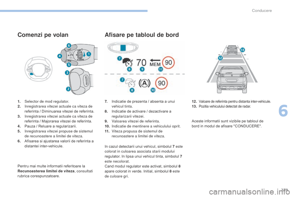 Peugeot 3008 Hybrid 4 2017  Manualul de utilizare (in Romanian) 239
3008-2_ro_Chap06_conduite_ed01-2016
Comenzi pe volan
1. Selector de mod regulator.
2. Inregistrarea vitezei actuale ca viteza de 
referinta / Diminuarea vitezei de referinta.
3.
 I

nregistrarea v