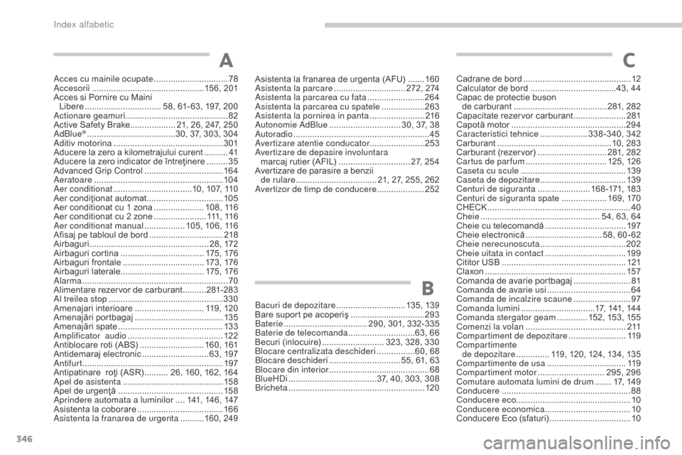 Peugeot 3008 Hybrid 4 2017  Manualul de utilizare (in Romanian) 346
3008-2_ro_Chap11_index-alpha_ed01-2016
Acces cu mainile ocupate ...............................78
Ac cesorii  ............................................... 156, 201
Acces si Pornire cu Maini  Li