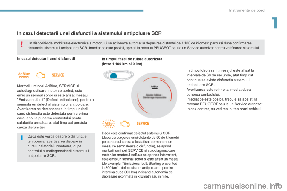 Peugeot 3008 Hybrid 4 2017  Manualul de utilizare (in Romanian) 39
3008-2_ro_Chap01_instruments-de-bord_ed01-2016
In cazul detectarii unei disfunctii a sistemului antipoluare SCR
In cazul detectarii unei disfunctii
Martorii luminosi AdBlue, SERVICE si 
autodiagnos