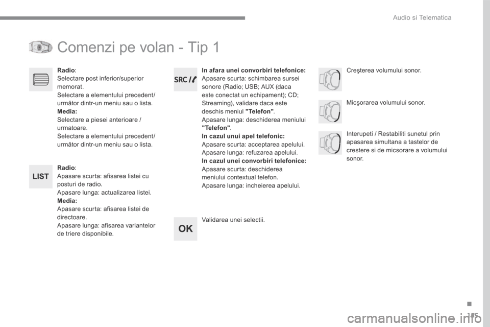Peugeot 3008 Hybrid 4 2017 Manualul de utilizare (in Romanian) 155
.
Audio si Telematica
Transversal-Peugeot_ro_Chap03_RD6_ed01-2016
Comenzi pe volan - Tip 1
Radio : Apasare scurta: afisarea listei cu posturi de radio. Apasare lunga: actualizarea listei. Me Peugeot 3008 Hybrid 4 2017 Manualul de utilizare (in Romanian) 155
.
Audio si Telematica
Transversal-Peugeot_ro_Chap03_RD6_ed01-2016
Comenzi pe volan - Tip 1
Radio : Apasare scurta: afisarea listei cu posturi de radio. Apasare lunga: actualizarea listei. Me