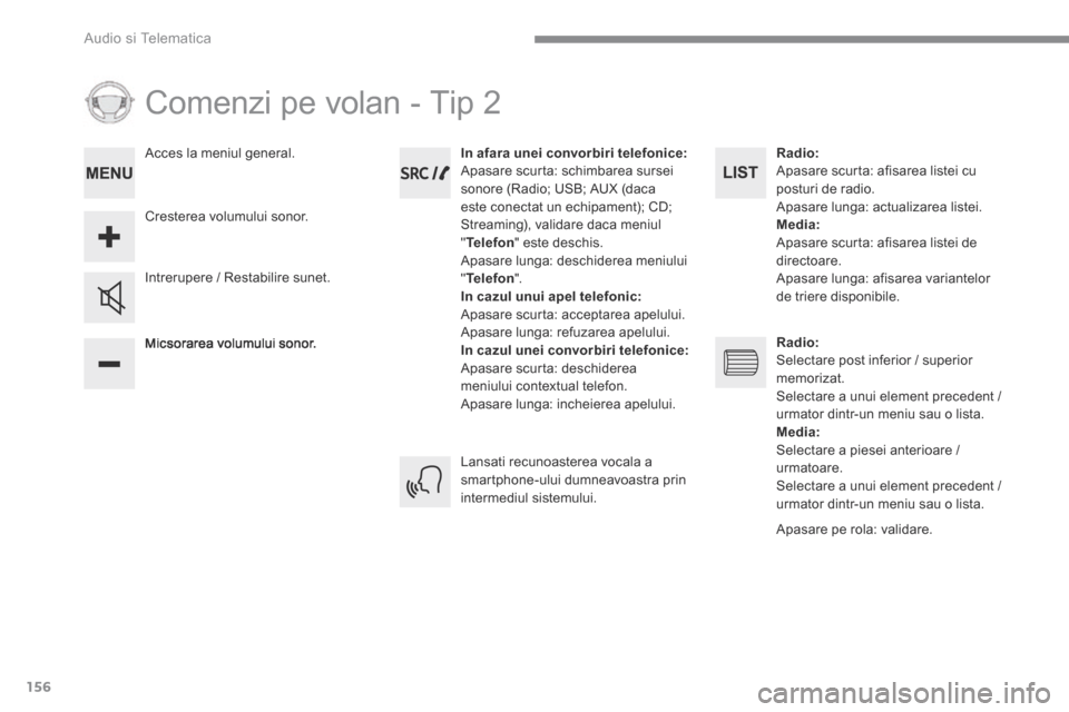 Peugeot 3008 Hybrid 4 2017 Manualul de utilizare (in Romanian) 156
Audio si Telematica
Comenzi pe volan - Tip 2
Micsorarea volumului sonor.
Intrerupere / Restabilire sunet.
In afara unei convorbiri telefonice: Apasare scurta: schimbarea sursei Peugeot 3008 Hybrid 4 2017 Manualul de utilizare (in Romanian) 156
Audio si Telematica
Comenzi pe volan - Tip 2
Micsorarea volumului sonor.
Intrerupere / Restabilire sunet.
In afara unei convorbiri telefonice: Apasare scurta: schimbarea sursei