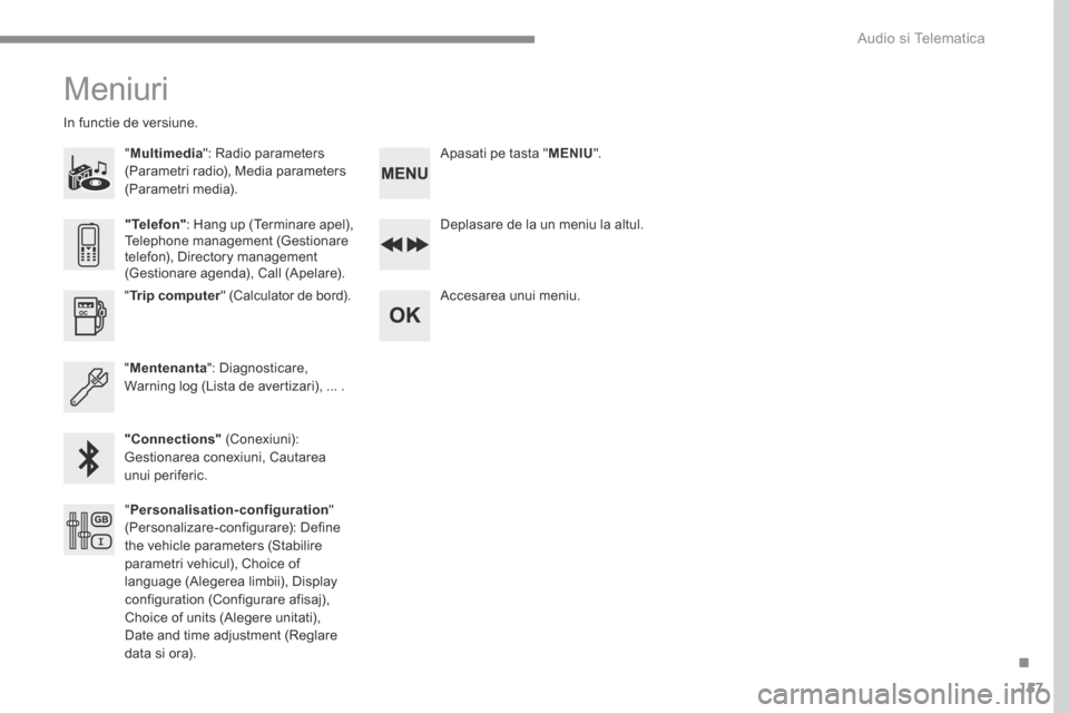 Peugeot 3008 Hybrid 4 2017 Manualul de utilizare (in Romanian) 157
.
Audio si Telematica
Transversal-Peugeot_ro_Chap03_RD6_ed01-2016
Meniuri
" Multimedia ": Radio parameters (Parametri radio), Media parameters (Parametri media).
In functie de versiune. Peugeot 3008 Hybrid 4 2017 Manualul de utilizare (in Romanian) 157
.
Audio si Telematica
Transversal-Peugeot_ro_Chap03_RD6_ed01-2016
Meniuri
" Multimedia ": Radio parameters (Parametri radio), Media parameters (Parametri media).
In functie de versiune.